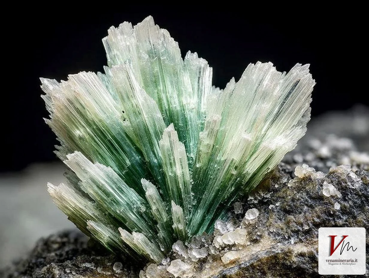 Tremolite: aggregati bianchi raggiati di cristalli aciculari