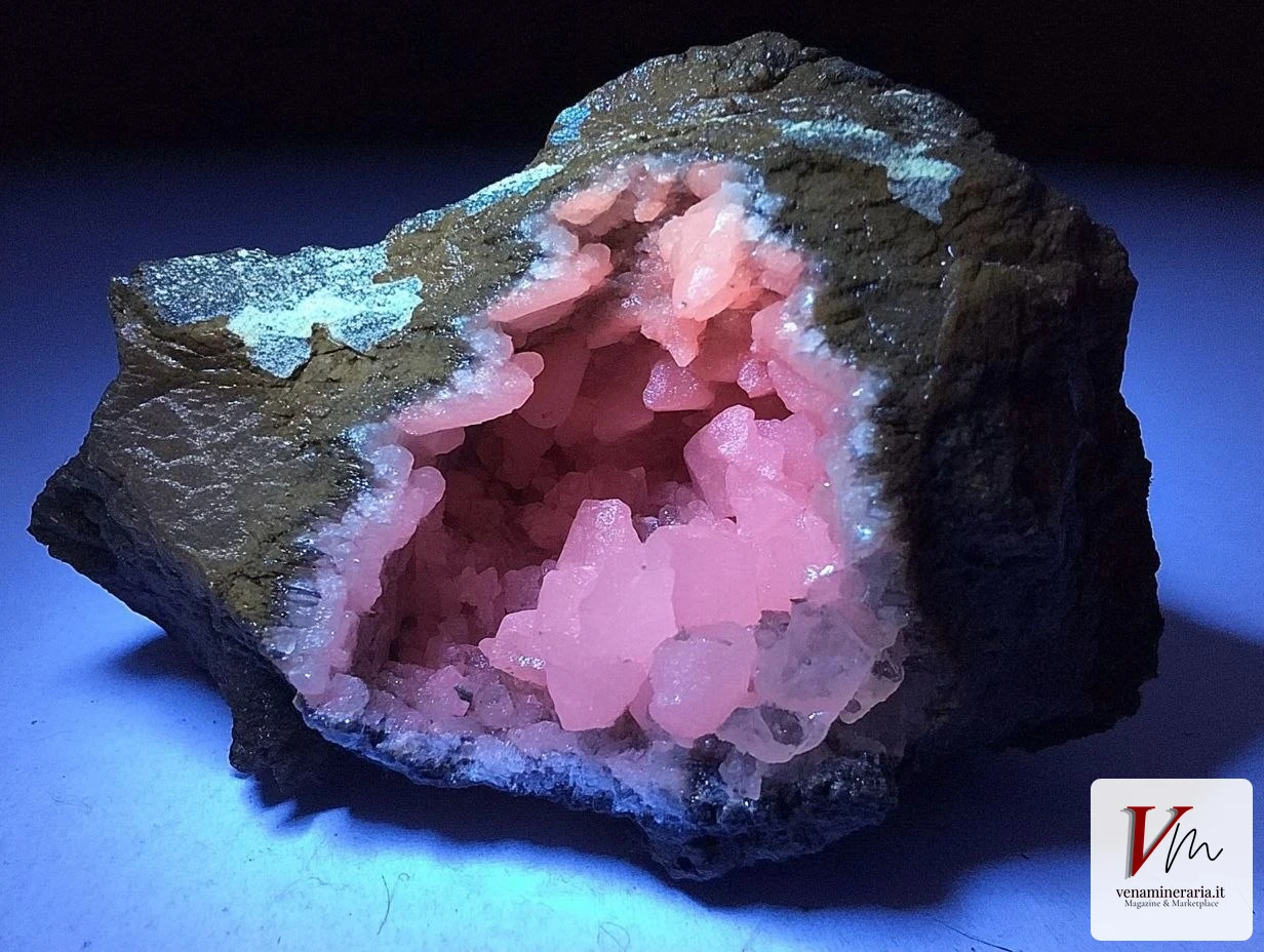 Calcite fluorescente rosso-arancione sotto luce UV