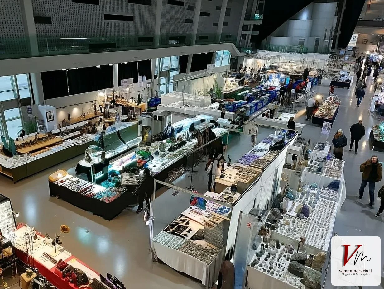Banchi e collezionisti durante un evento e fiera mineralogica in Italia