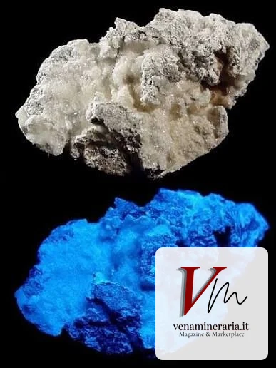 Idrozincite in luce normale (sopra) e sotto UV (sotto): il confronto che mostra la fluorescenza