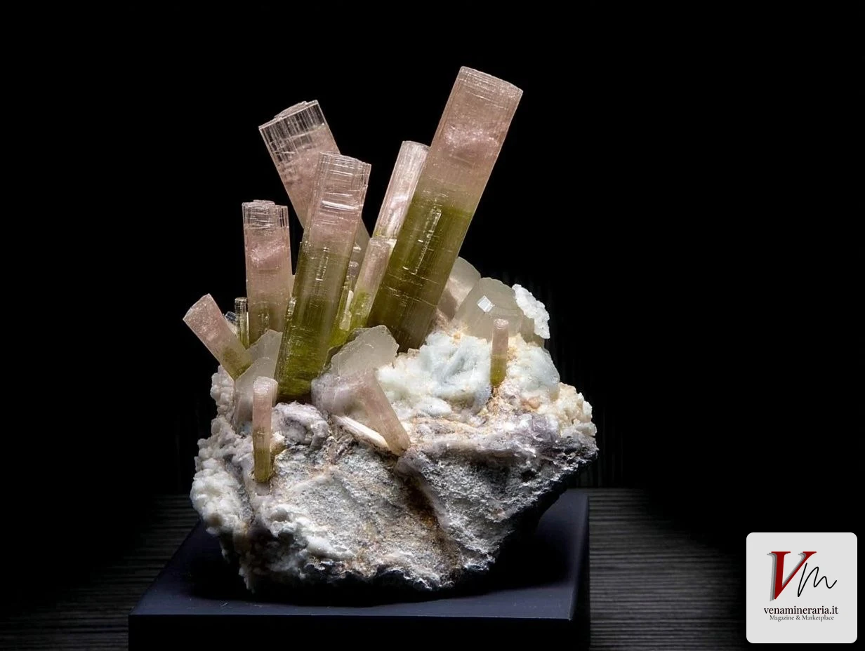 Tormalina policroma dell'Elba con zonatura di colore verde e rosa lungo il cristallo