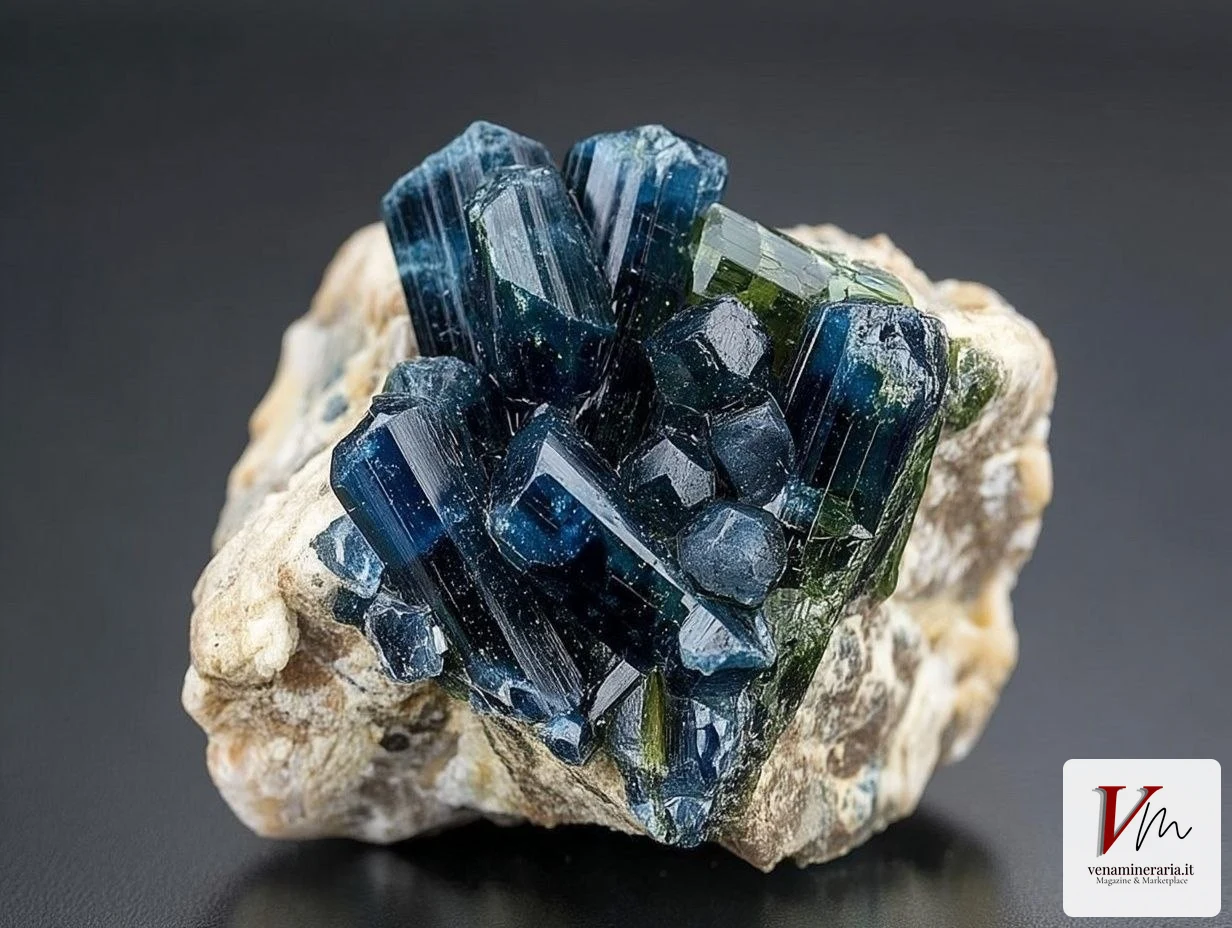 Varietà di vesuvianite: californite verde, ciprina azzurra, xanthite giallo-bruna