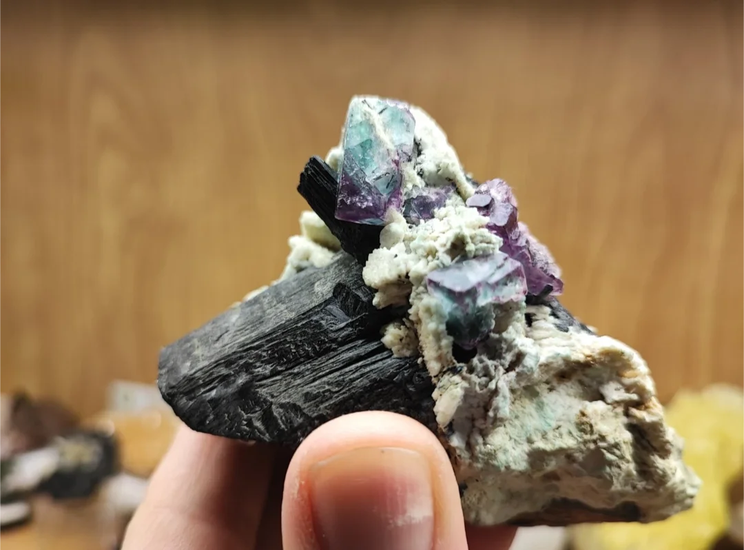 Fluorite Verde Viola su Tormalina Nera Schorl Albite - Erongo Namibia - Minerale